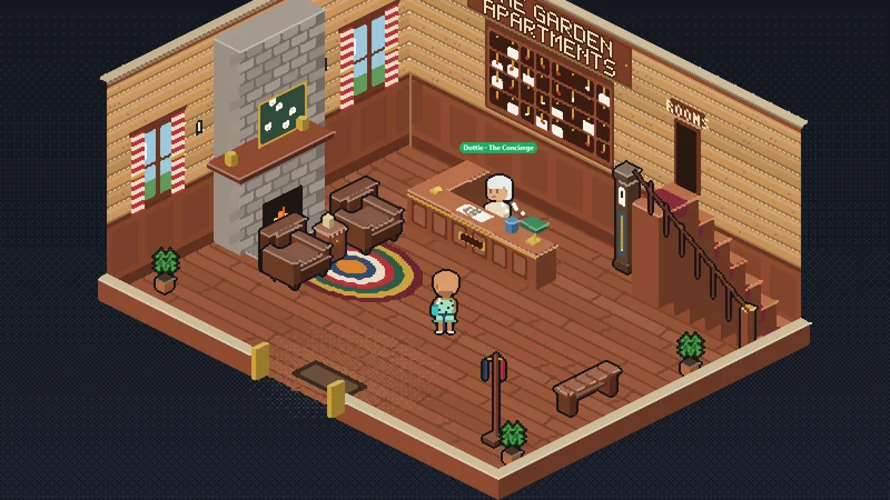 The Garden Apartments' lobby, Dottie at the desk