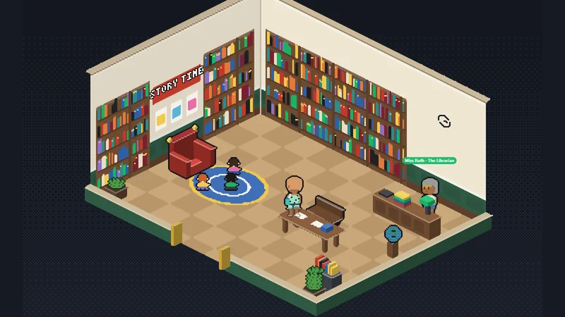 The public library, Miss Ruth at the desk