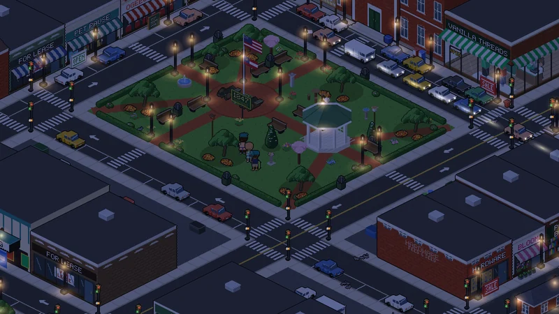 City Central at night: the street lamps, the shop windows and the cars' headlights