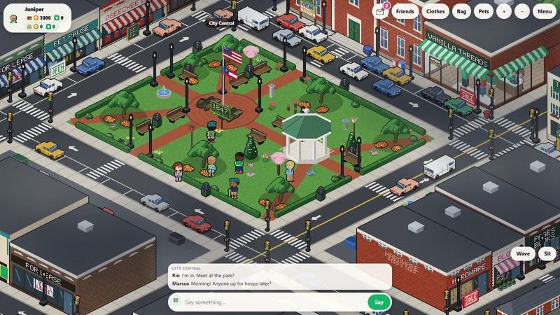 The square in City Central: the gazebo, the flagpole and the park, with City Hall across Main Street