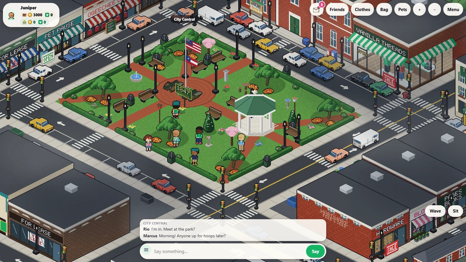 The square in City Central: the gazebo, the flagpole and the park, with City Hall across Main Street